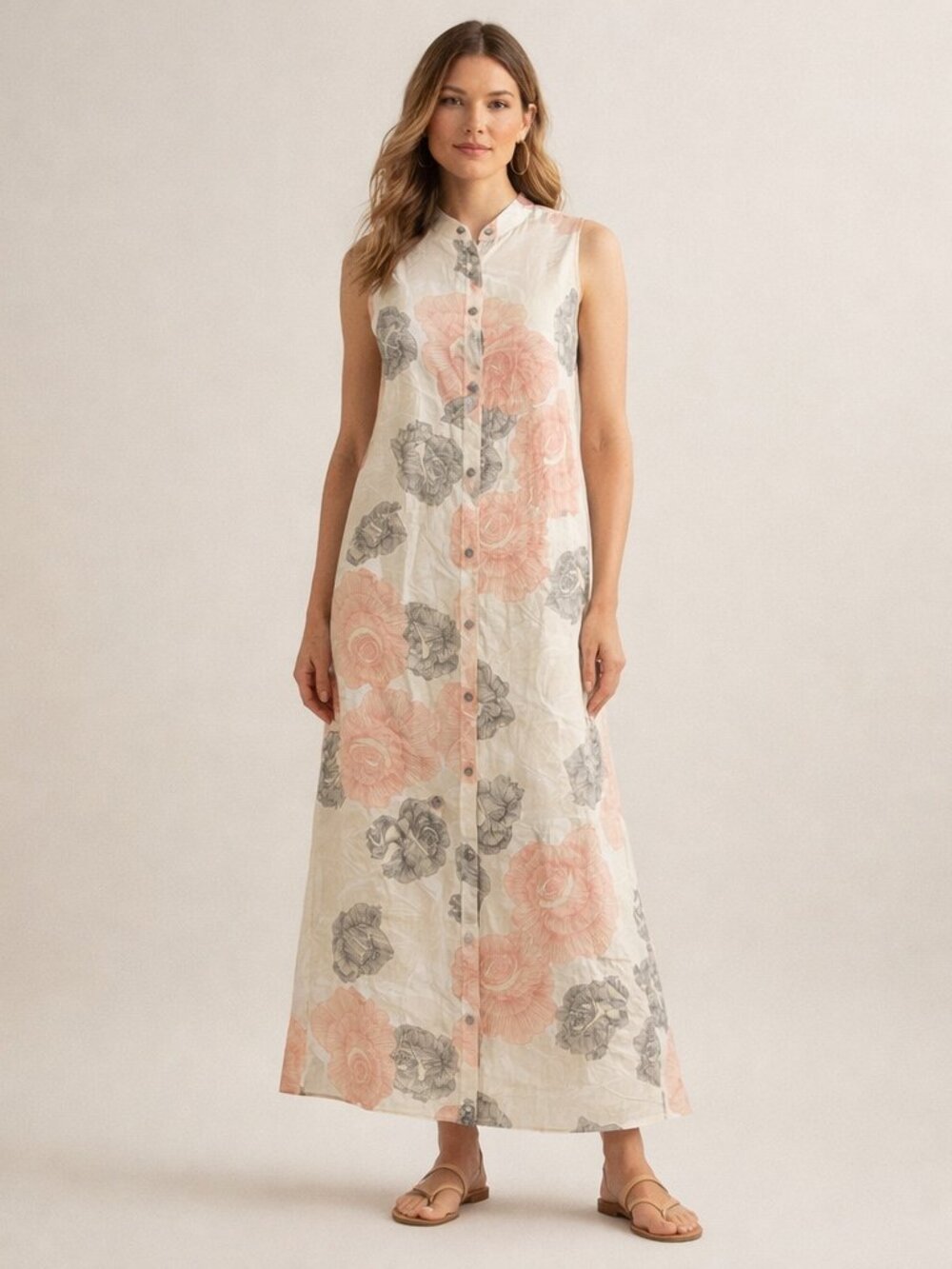 Joan Vass Linen Maxi Dress Size Medium Floral Sleeveless Peach and Gray Flowers